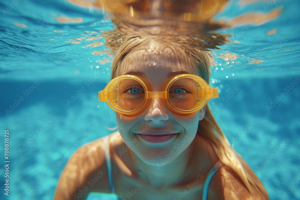 A young woman is swimming in the pool wearing swimming goggles. water sports, water treatments.