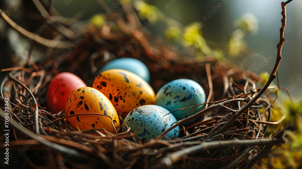 A bird nest with four beautiful eggs, showing the wonder and beauty of the natural world. Easter. Multi-colored eggs in a basket.
