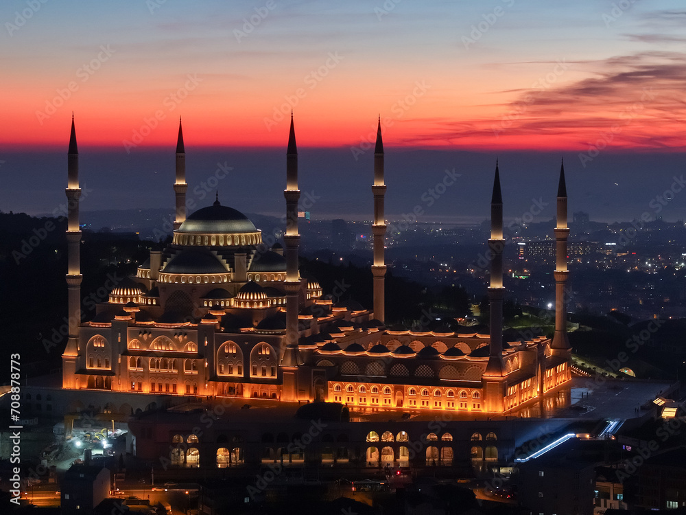 Mosque in Sunset Drone Photo, Camlica Mosque Uskudar, Istanbul Turkiye (Turkey)