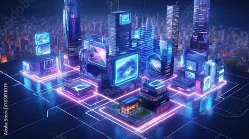 Isometric cityscape with futuristic technology, holographic interfaces, sleek architecture, advanced robotics, vibrant neon lighting