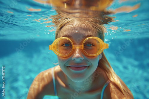 A young woman is swimming in the pool wearing swimming goggles. water sports, water treatments. photo