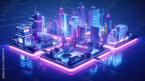 Isometric cityscape with futuristic technology  holographic interfaces  sleek architecture  advanced robotics  vibrant neon lighting