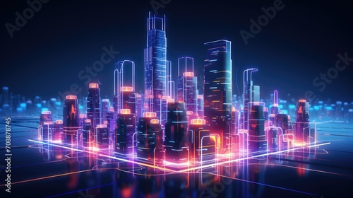 Isometric cityscape with futuristic technology, holographic interfaces, sleek architecture, advanced robotics, vibrant neon lighting