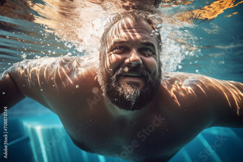 A bearded mature man is swimming in the pool. water sports, useful water treatments, physical education.