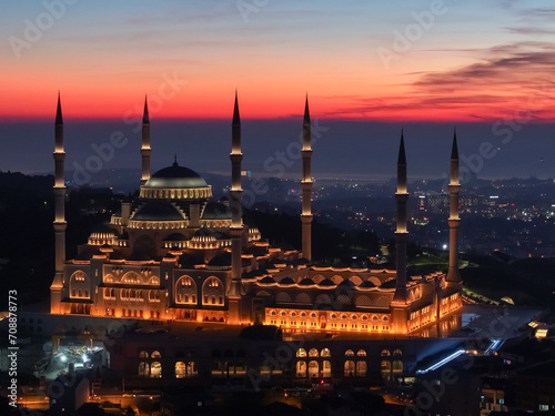 Mosque in Sunset Drone Photo, Camlica Mosque Uskudar, Istanbul Turkiye (Turkey)