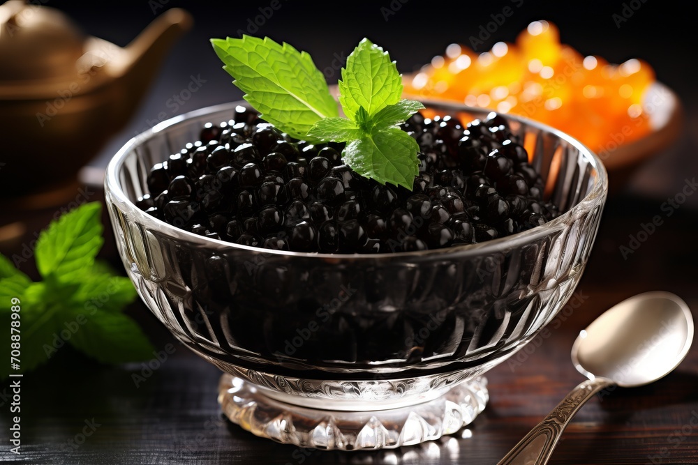 black caviar of sturgeon in a glass bowl on the table. black caviar of sturgeon in a glass bowl on the table.