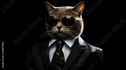 Funny cat with sunglasses in a suit on a black background. © vlntn