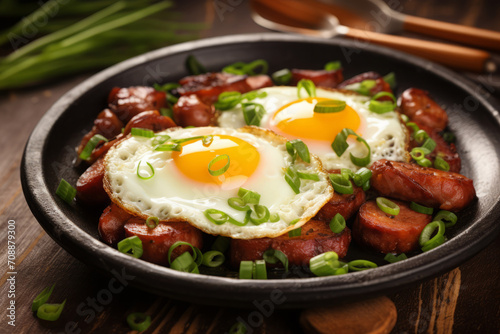fried eggs with sausage and fresh green onions. close-up. chicken egg meal, protein-rich breakfast. cooking at home. photo