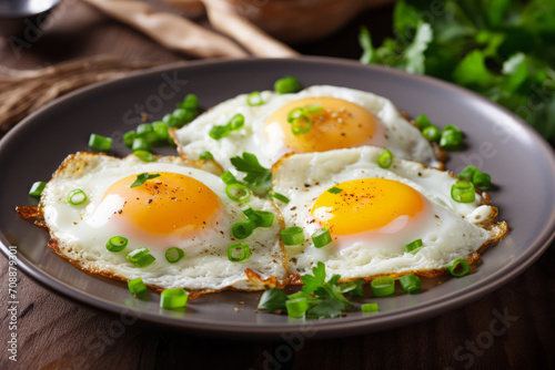 fried eggs with fresh green onions. close-up. chicken egg meal, protein-rich breakfast. cooking at home.
