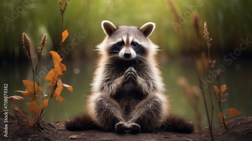 Raccoon sitting and meditating.