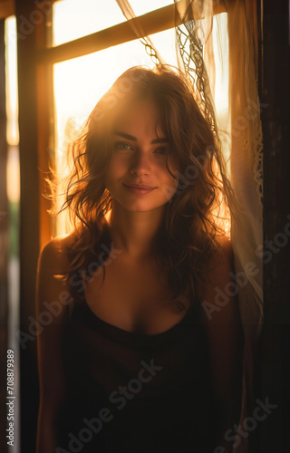 Young Woman Bathed in Golden Sunlight Standing in from of a Window
