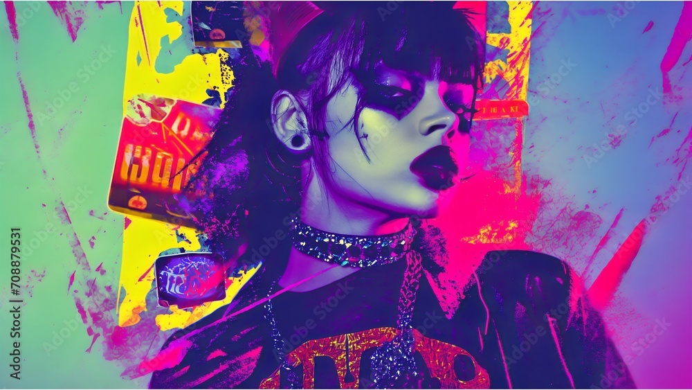 Digital artwork featuring a woman's face adorned with vivid neon colors. Abstract elements and urban sensibility are fused together.
