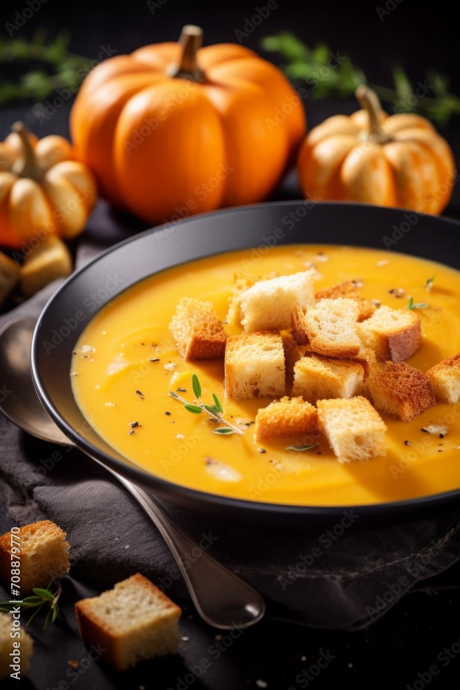 pumpkin soup with croutons on the table in close-up. vegetable, food.