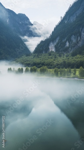 Misty mountain lake with dense fog