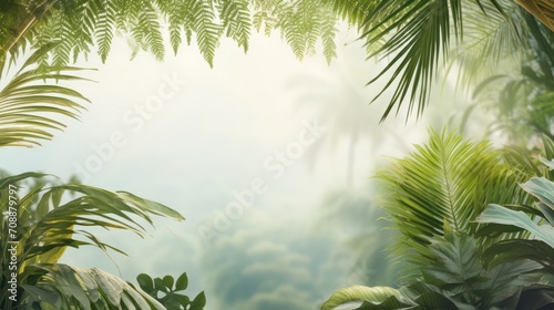 Tropical forest with palm trees and mist. Background with copyspace.