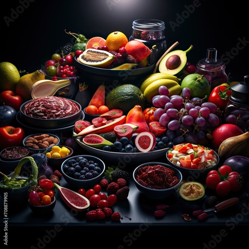 Photorealistic detailed image of Various types of Food  Generative Ai. 