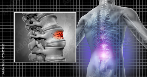 Spinal Fracture and lower back pain as a spine injury and vertebral trauma as an Osteopathic medical concept. photo