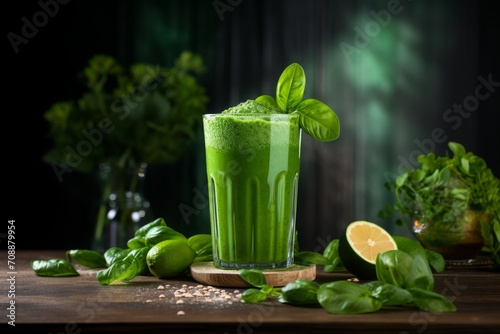 one glass of green spinach leaf smoothie on a dark background. a natural vegan drink, healthy for the diet.