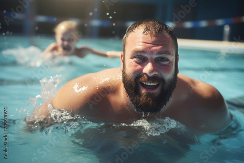 A bearded mature man is swimming in the pool. water sports, useful water treatments, physical education. © MaskaRad
