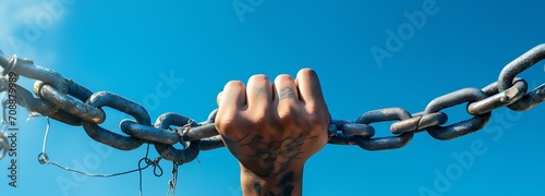 Hands of a man with tattoos on a chain against the blue sky photo