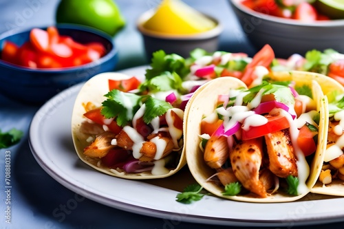 Chicken-tacos-topped-with-pico-de-gallo-and-cheese-three-tacos-on-a-plate-surrounded-with-toppings,salad-with-chicken-and-vegetables