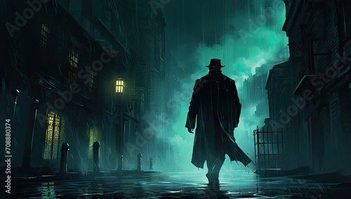 a man is walking in an alley wearing a long coat and a hat