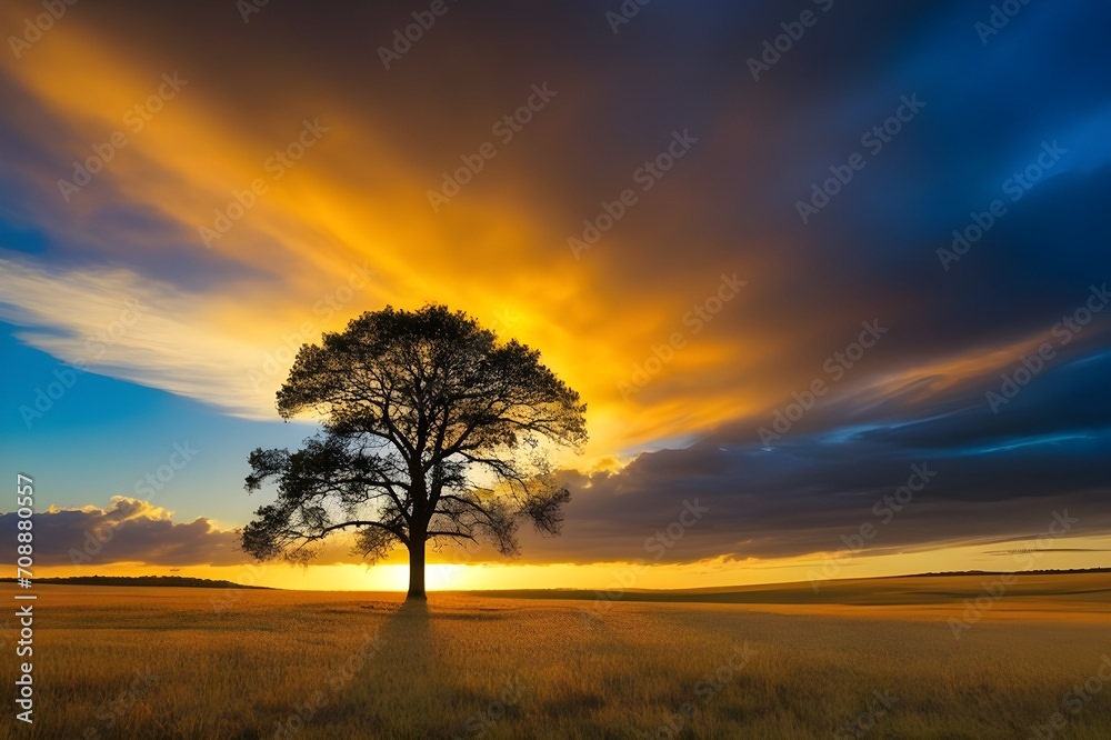 A-solitary-tree-bathed-in-the-golden-glow-of-the-setting-sun-against-a-vibrant-sky,sunset-in-the-desert