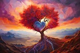 an abstract painting of a colorful heart resting on a red tree