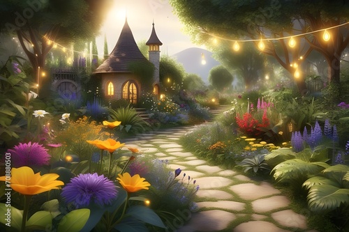 A-magical-garden-with-golden-lights-featuring-vibrant-flowers-and-whimsical-plants,christmas-tree-in-the-park