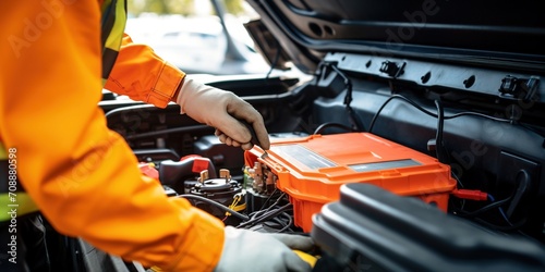 mechanic wearing orange jumpsuit fixing a car engine