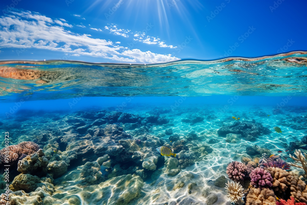 Underwater and surface view over the sea and coral reef with tropical fish. Vibrant underwater and overwater views sea life, beach and sky on a sunny summer day.