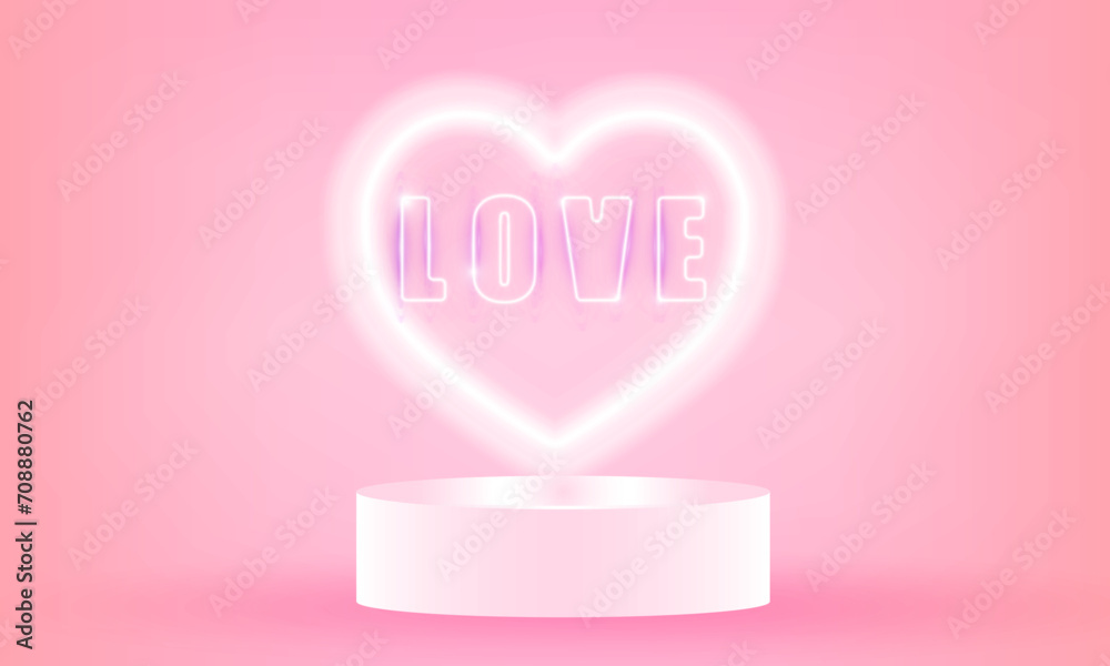 Happy Valentine's days neon heart of background with Blur Hearts. Stage Podium Scene with for vector  poster design