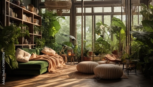 an exotic living room interior decorated with many plants