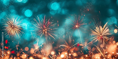 Colorful fireworks with bokeh effect on dark blue sky background