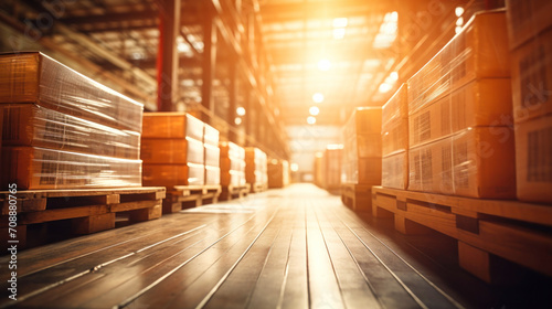 Retail warehouse full of shelves with goods in boxes. Complete with logistics and pallet transport. Distribution center.