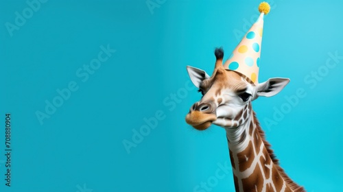 Funny giraffe with birthday party hat on blue background. © vlntn