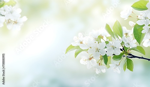 Blossoming branch of cherry on a natural background. Spring landscape.