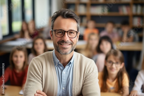 Male teacher standing in a classroom full of students photo