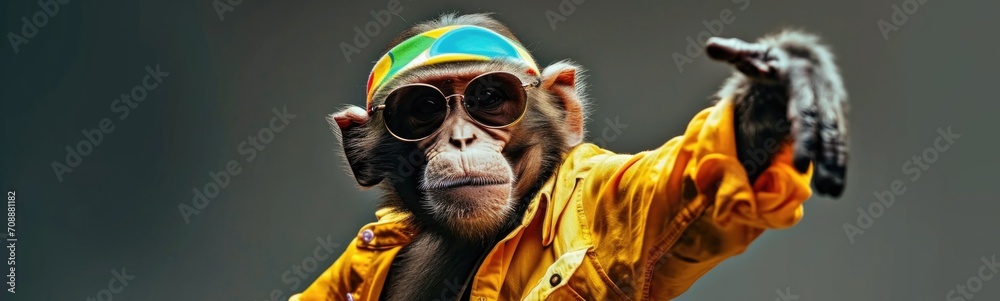 Monkey wearing colorful clothes dancing on grey background . Banner