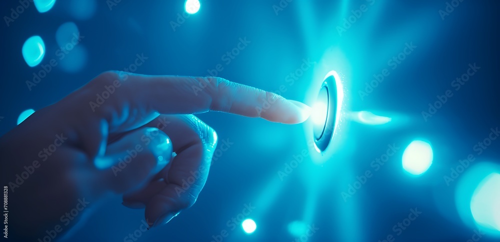 Close up of human hand touching button on media screen 3D rendering - obrazy, fototapety, plakaty 