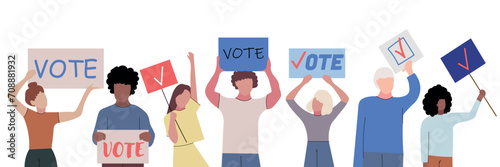 Many people holding papers with text VOTE on white background