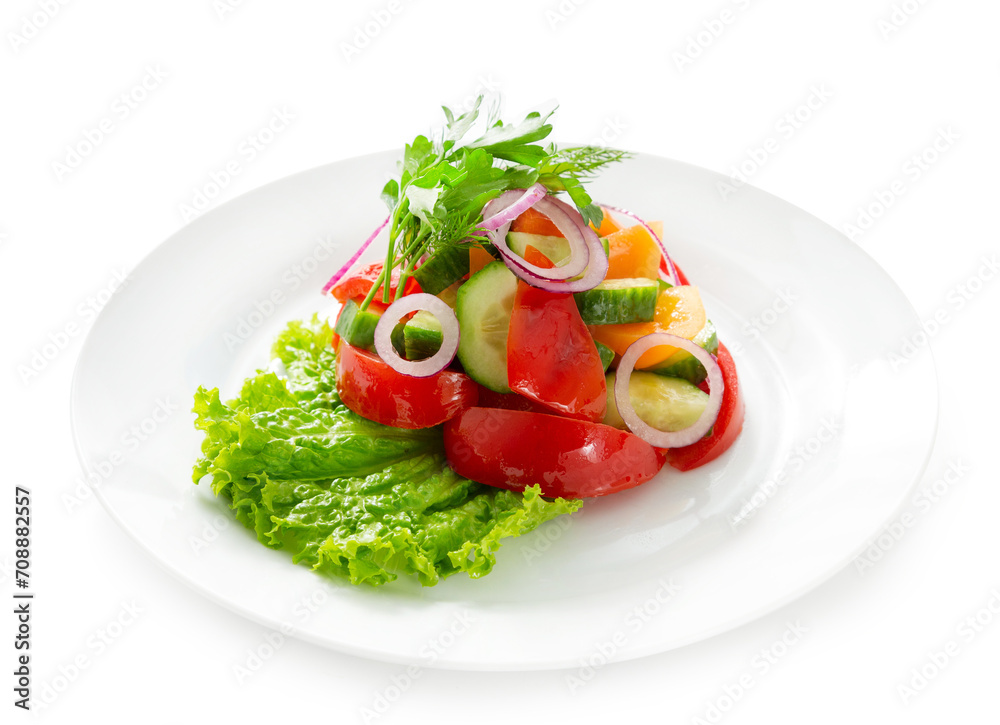 Fresh vegetable salad, cucumber, tomato, pepper. Isolated. Fresh vegetable salad, cucumber, tomato, pepper. Isolated.