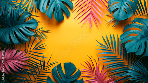 Tropical bright colorful background with exotic painted tropical palm leaves. Minimal fashion summer concept. Flat lay. Generative Ai
