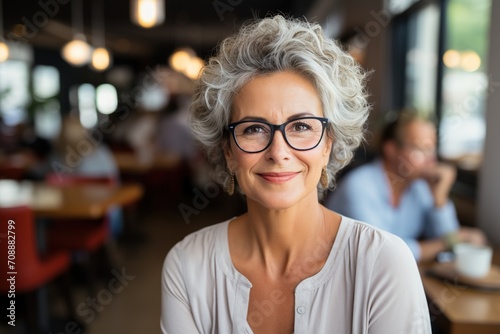 Confident middle-aged businesswoman with grey hair wearing glasses in a restaurant