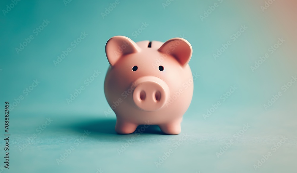Pink piggy bank on a blue background. Save money concept.