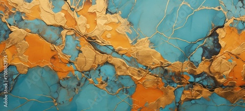 Luxury Marble Background. Swirl Paint in Beautiful Teal and Orange, with Gold Powder.