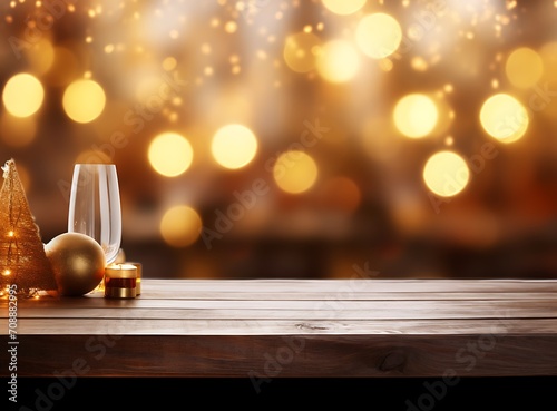 Empty wooden table in front of christmas bokeh lights background