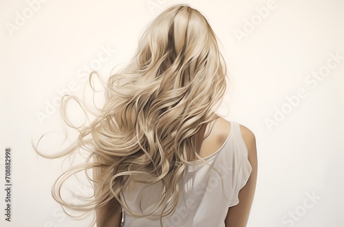 Blonde woman with long curly hair on white background, studio shot