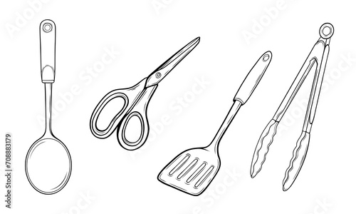 Set of cooking kitchen utensils with spoon spatula tongs scissors vector hand-drawn illustration