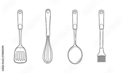 Set of cooking kitchen utensils with whisk brush spoon spatula vector hand-drawn illustration photo